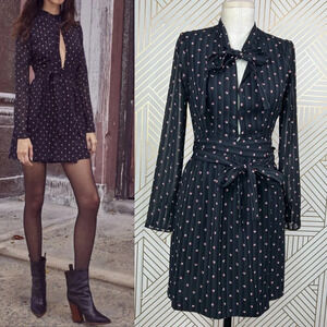 Alexis Leila Polka Dot Rio Print‎ Tie Neck Keyhole Mini Dress Black Size US XS